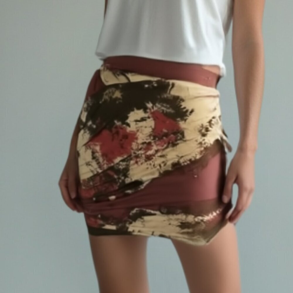 H&M Abstract Earth Tone Mesh Mini Skirt Ruched Y2K 4